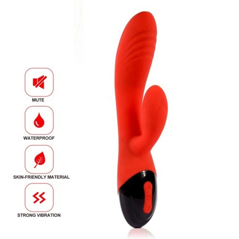 Влагозащищенный вибратор красного цвета с клиторальной стимуляцией ROSYLAND (Цвет: красный с черным)
