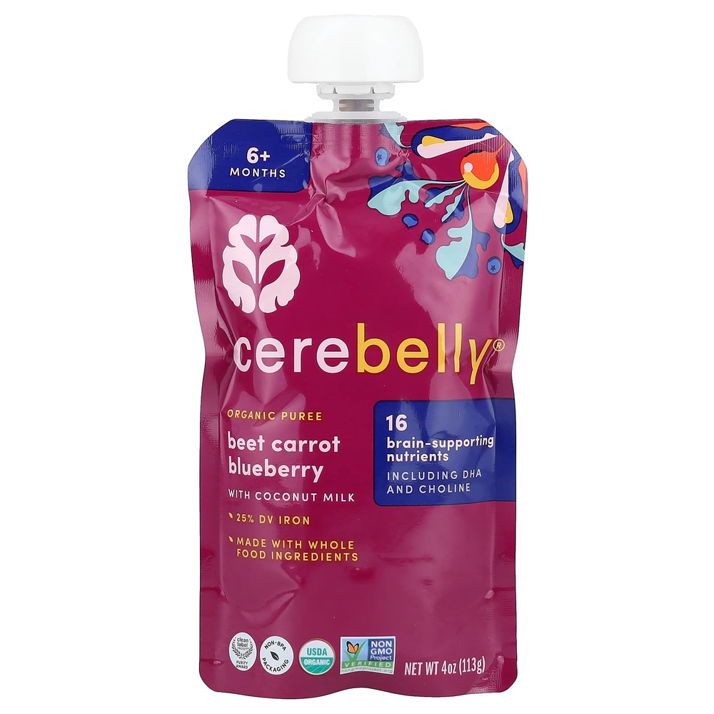 Cerebelly, органическое пюре, для детей от 6 месяцев, свекла, морковь, голубика с кокосовым молоком, 6 пакетиков по 113 г (4 унции)