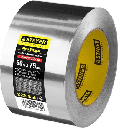 STAYER ProTape, 75 мм, 50 м, до 120 °С, самоклеящаяся алюминиевая лента, Professional (12268-75-50)