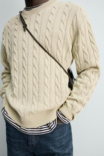 ZARA СВИТЕР ИЗ СМЕСОВОГО ХЛОПКА С УЗОРОМ «КОСЫ», ВАНИЛЬНЫЙ