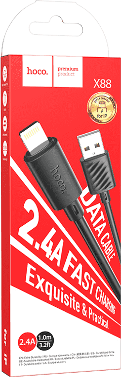 Кабель iPhone Lightning  HOCO X88 Gratified, 1м, круглый, 2.4A черный
