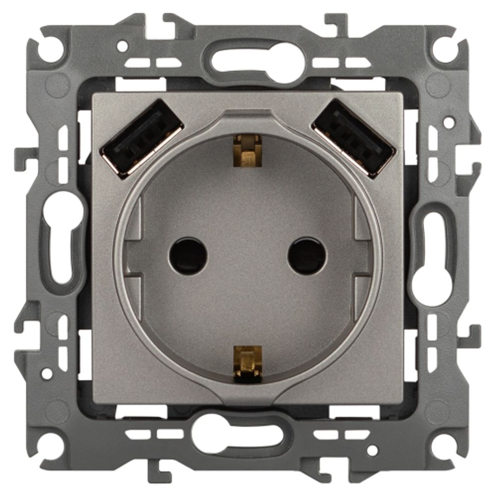 Розетка ЭРА Серия 12 12-4109-16 2P+E 16A-250В шторками с 2xUSB 5В-3А титан | ЭРА 12 Титан