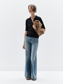 Massimo Dutti Свитер ажурной вязки с воротником поло, черный