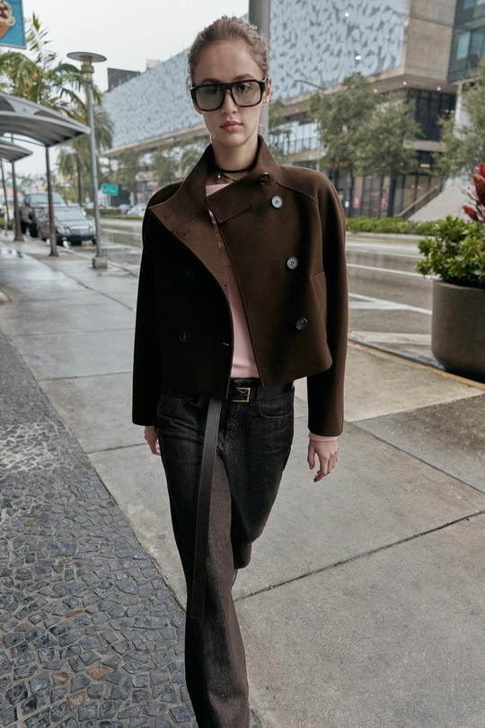 ZARA КОРОТКАЯ КУРТКА С ВОРОТНИКОМ-СТОЙКОЙ, КОРИЧНЕВЫЙ