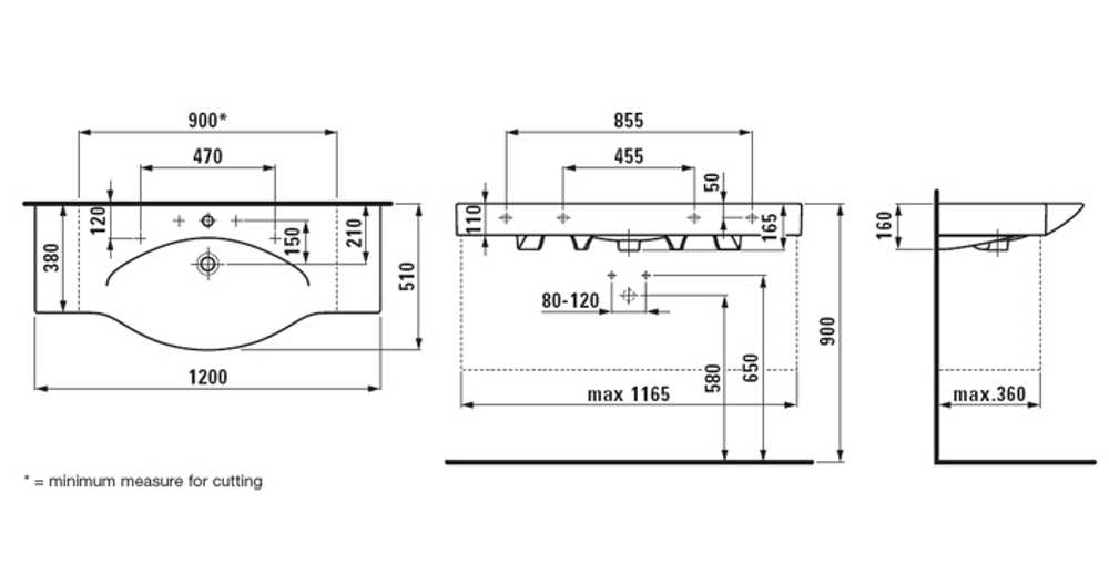 Раковина подвесная Laufen Palace NEW 120х51х16см. 8.1170.4.000.104.1 схема