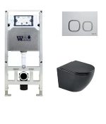 Унитаз подвесной WeltWasser AMBERG 506 ST + HEIMBACH 043 MT-BL + AMBERG RD-WT черный матовый, безободковый, с крышкой микролифт, слив-торнадо, с инсталляцией и белой кнопкой