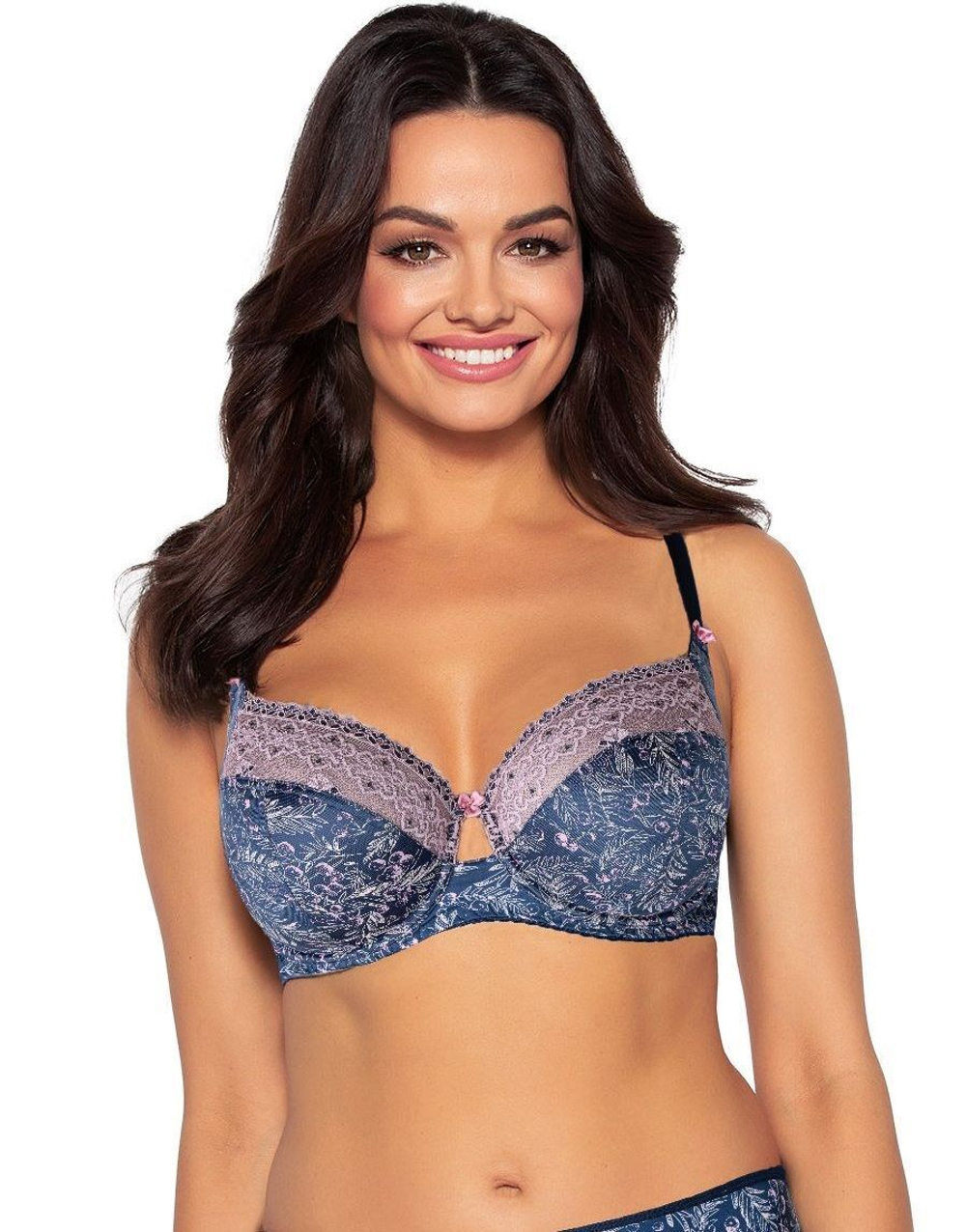 Бюстгальтер с мягкой чашкой из трикотажа с растительным рисунком (Размер: 80E) (Цвет: темно-синий)