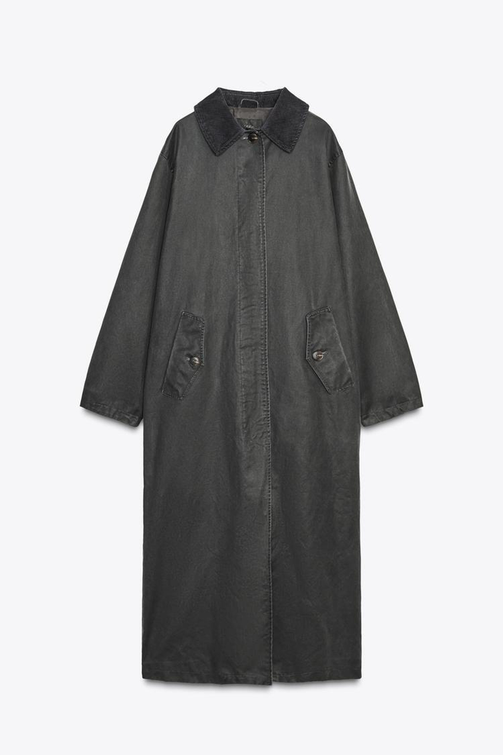 ZARA ВОЩЕНЫЙ ТРЕНЧ С ВЕЛЬВЕТОВЫМ ВОРОТНИКОМ, АНТРАЦИТОВО-СЕРЫЙ