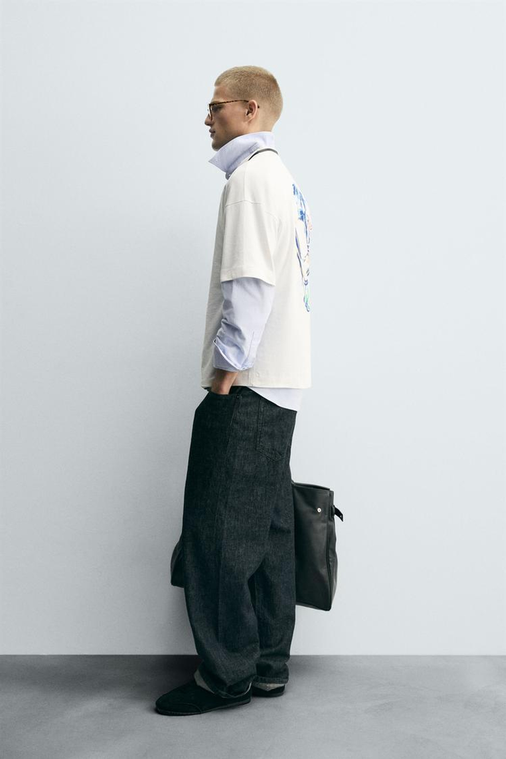 ZARA ФУТБОЛКА С КОМБИНИРОВАННЫМ ПРИНТОМ, БЕЛЫЙ