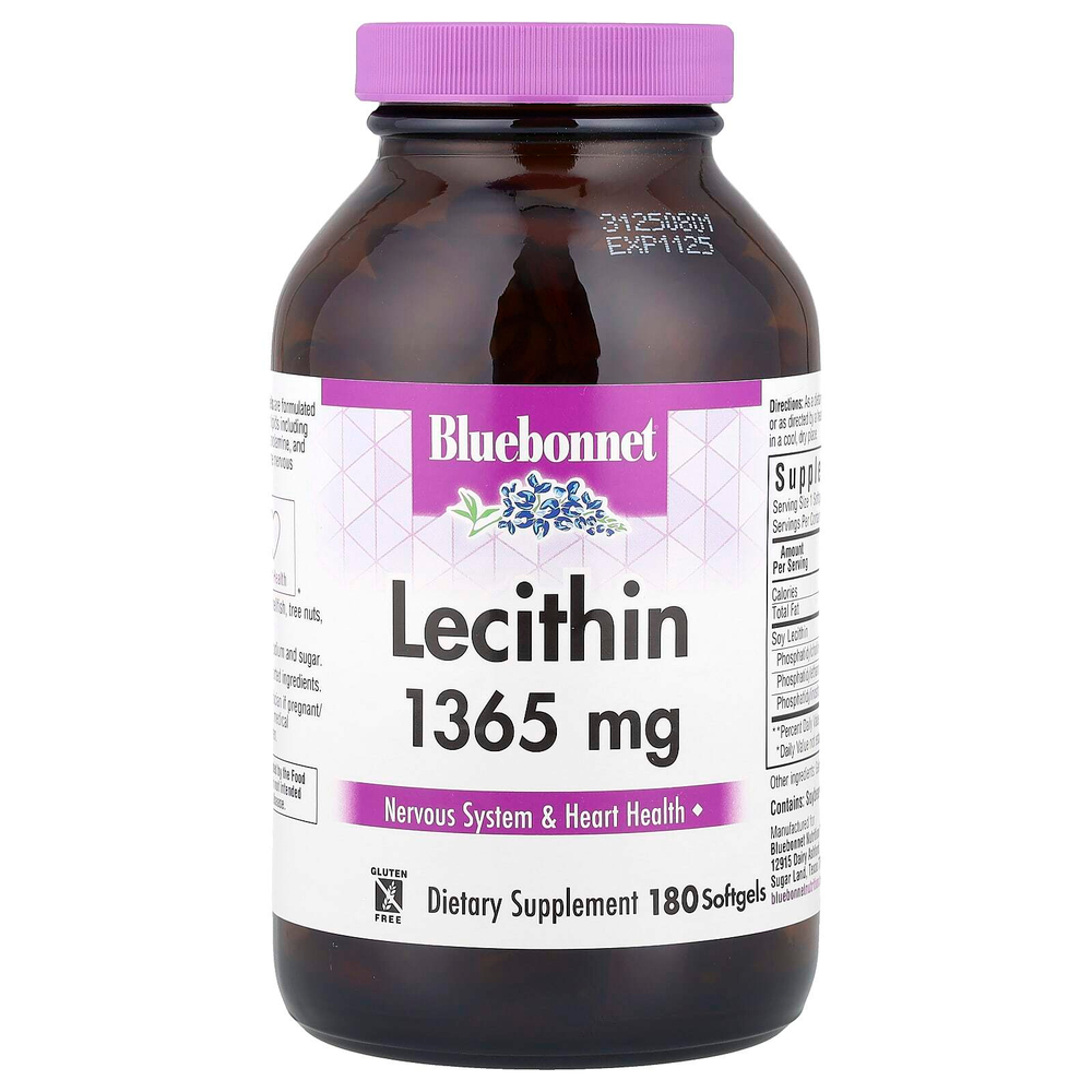 Bluebonnet Nutrition, натуральный лецитин, 1365 мг, 180 мягких желатиновых капсул