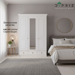 Шкаф для одежды Боцен из сосны с зеркалом, 3 двери 2 ящика, 155х62х222, с 2-мя штангами и полками, белый воск