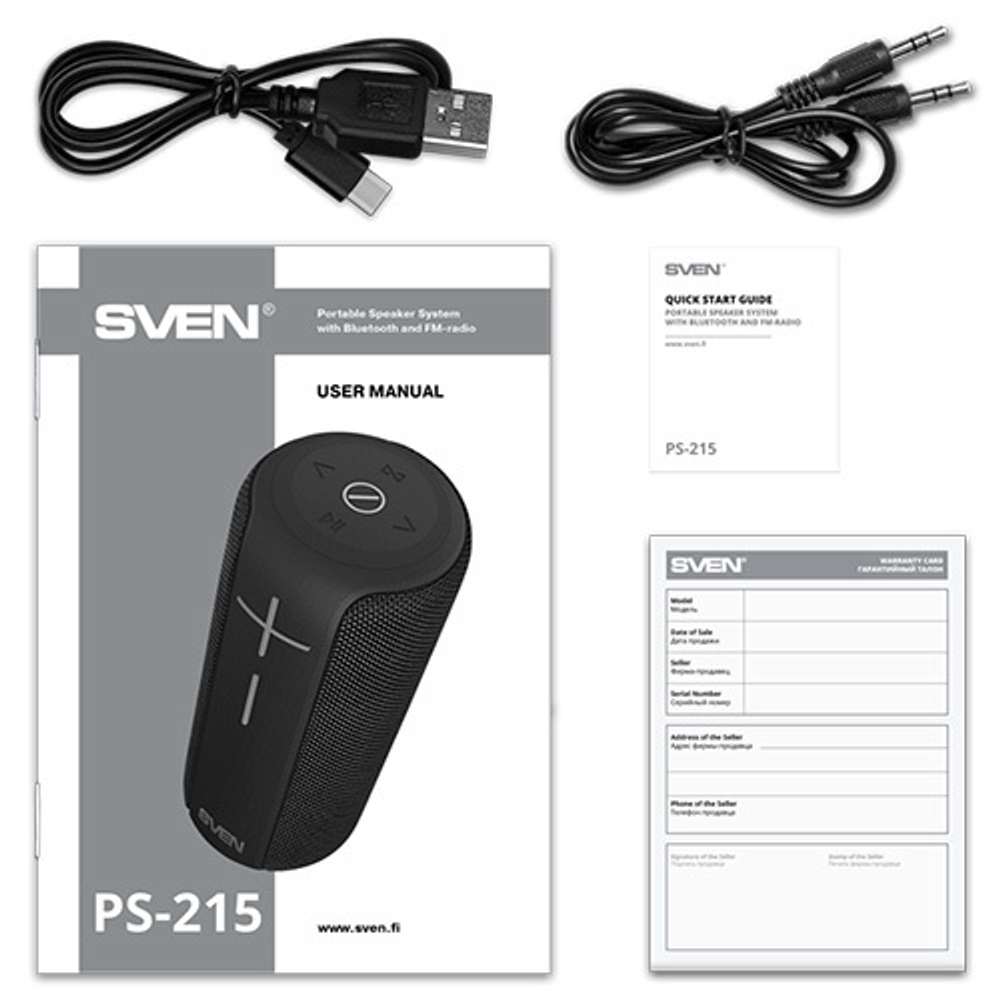Портативная колонка SVEN PS-215, черный (12 Вт, Waterproof (IPx6), TWS, Bluetooth, FM, USB, microSD, 2400мА*ч)