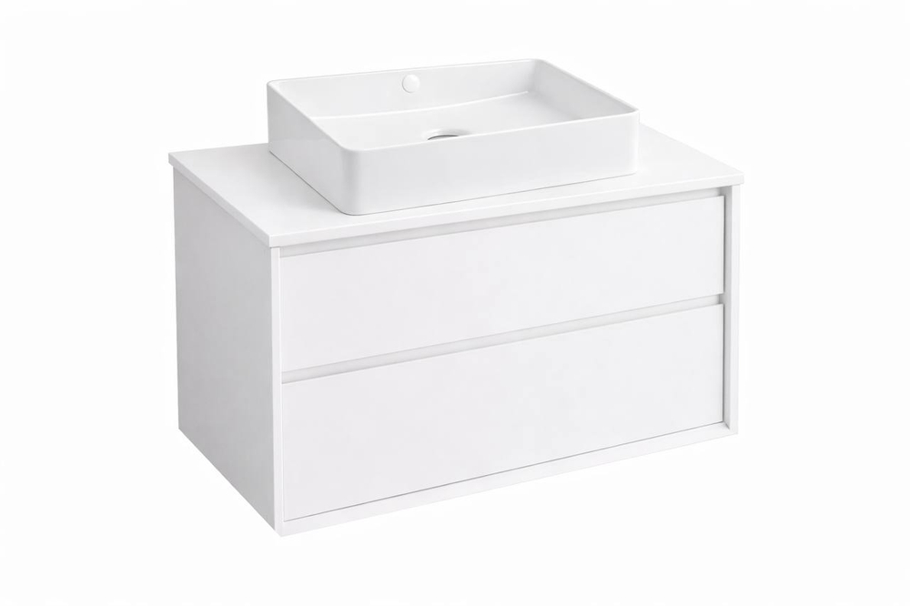 Тумба под раковину COOL с 2 выдвижными ящиками 80x45x54 CL.080.WM белый+Столешница накладная на тумбу для раковины-чаши FLAT 81x46 EP081.W белый+Раковина накладная прямоугольная 470x360x110 мм QTRO47 23509 белый