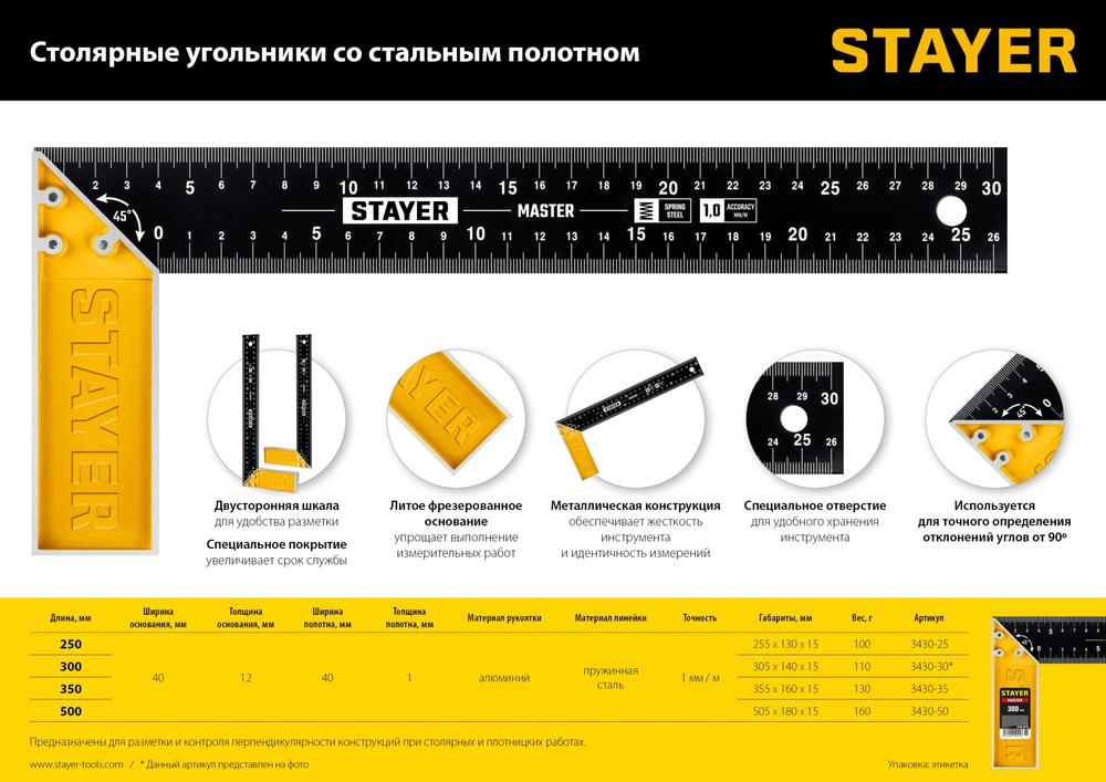 STAYER 250 мм столярный угольник со стальным полотном