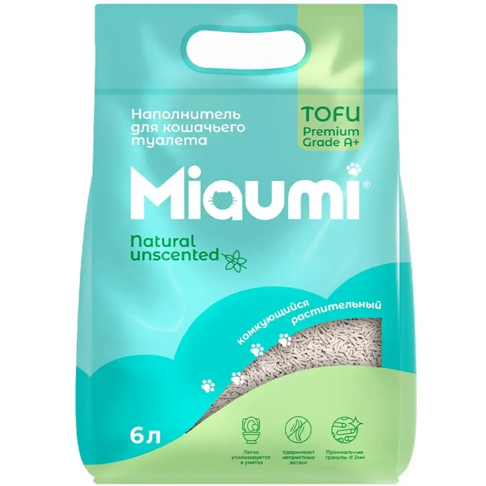 Miaumi tofu natural unscented наполнитель комкующийся соевый для кошачьего туалета, без ароматизатора - 6 л (2,5 кг)