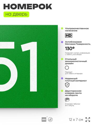 Номер на дверь 951, табличка на дверь для офиса, квартиры, кабинета, аудитории, склада, зеленая 120х70 мм, Айдентика Технолоджи