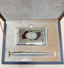 Набор "Гербовый" №6 визитница (цирконий), ручка Паркер мет.