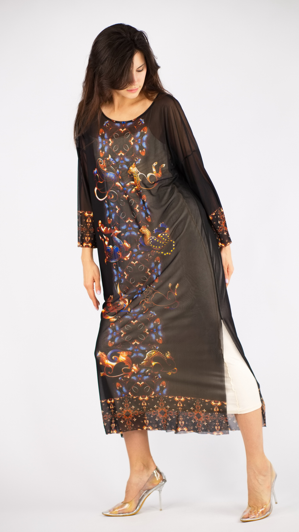 Платье-туника из сетки "Загадки скифов", принт по мотивам скифских татуировок, по материалам раскопок Пазырыкских курганов