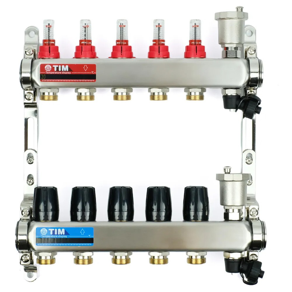 Коллекторная группа со встроенными расходомерами 5 выхода 1" ЕК 3/4" KCS5005 (TIM) нержавеющая сталь
