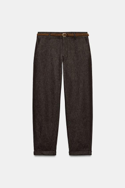 ZARA БРЮКИ ЧИНОС С ПЛЕТЕНЫМ РЕМНЕМ, КОРИЧНЕВЫЙ