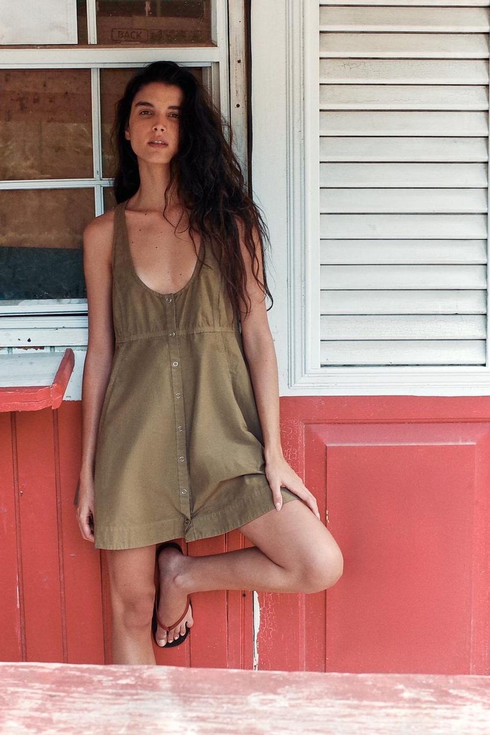 ZARA МИНИ-ПЛАТЬЕ ИЗ ВЫСТИРАННОГО ПОПЛИНА, ТЕМНЫЙ ХАКИ