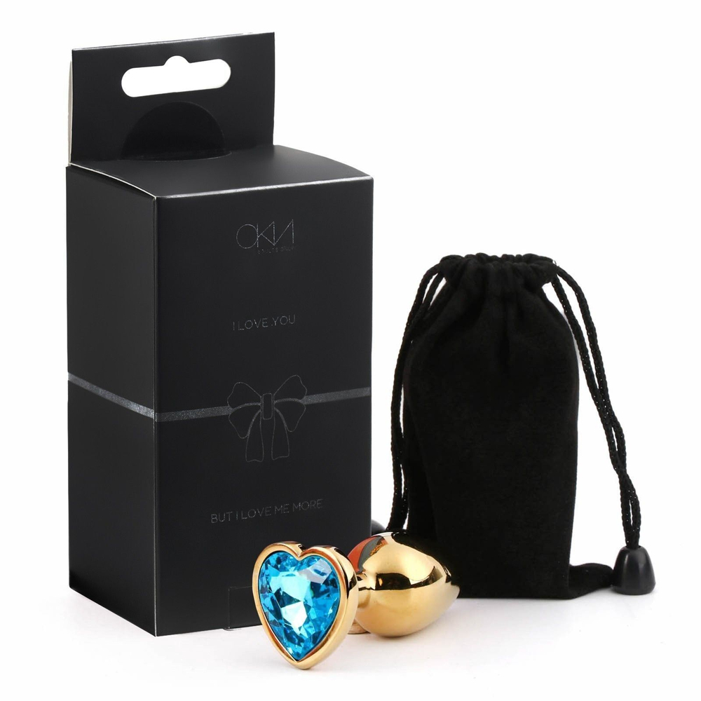 Золотистая анальная пробка с голубым кристаллом в форме сердца - 7 см. (Цвет: голубой)