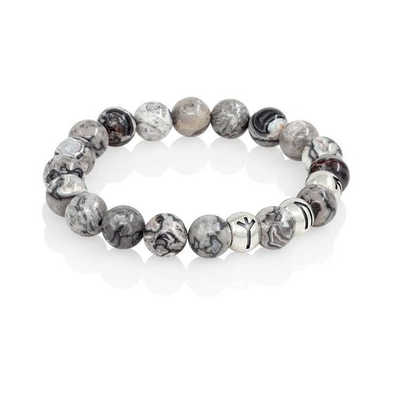 Браслет Защита и сила из натуральной серой яшмы с рунами Альгиз, Уруз и Тейваз из серебра 925, вид 2