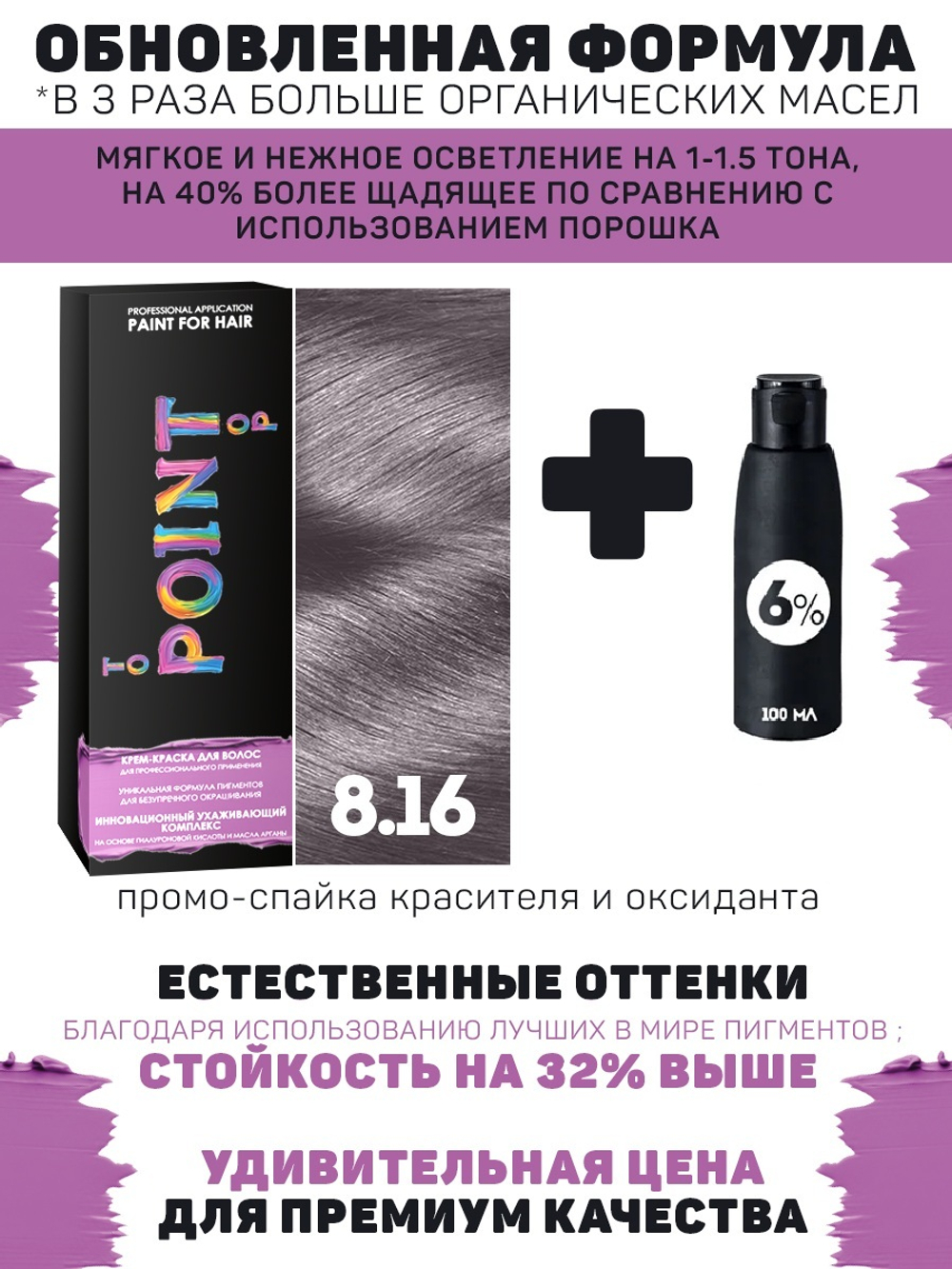 POINT. ПРОМО Краска для волос для проф.прим., тон №8.16, Блонд пепельно-фиолетовый + 6% оксид, 100/100мл