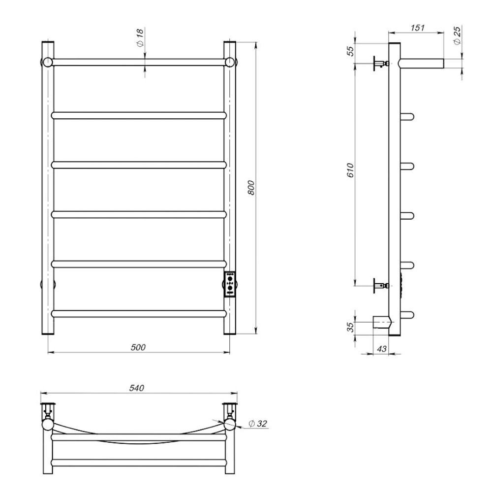 Полотенцесушитель электрический EWRIKA Сафо ПР 80x55 см, подключение справа, слева, глянцевый хром, лесенка, с полкой