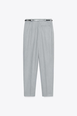 ZARA БРЮКИ С ЗАЩИПАМИ И РЕМНЕМ, СВЕТЛО-СЕРЫЙ