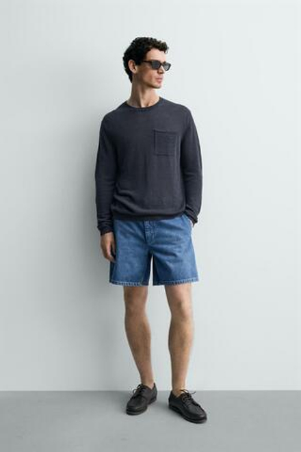 ZARA СВИТЕР КЛАССИЧЕСКОГО КРОЯ ИЗ 100% ЛЬНА, МОРСКОЙ СИНИЙ