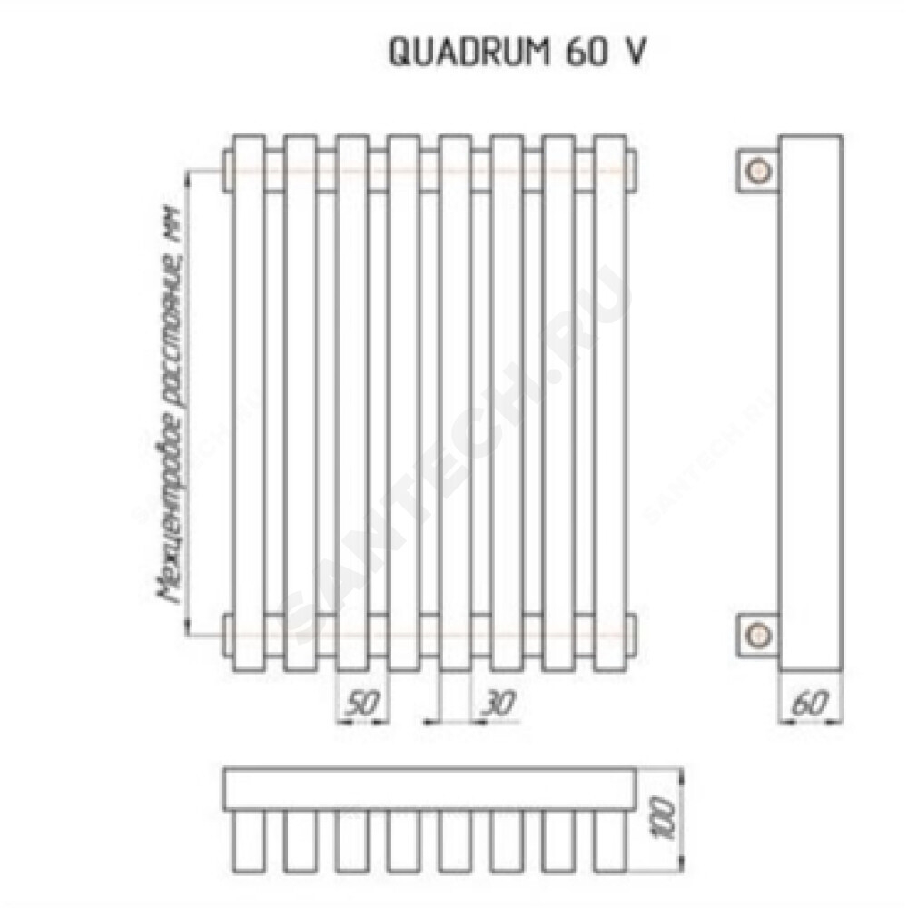 Радиатор трубчатый QUADRUM 60 V 1-1750 8 секций с боковой подводкой ВР G 1/2" RAL1Т104S9016 белый муар КЗТО