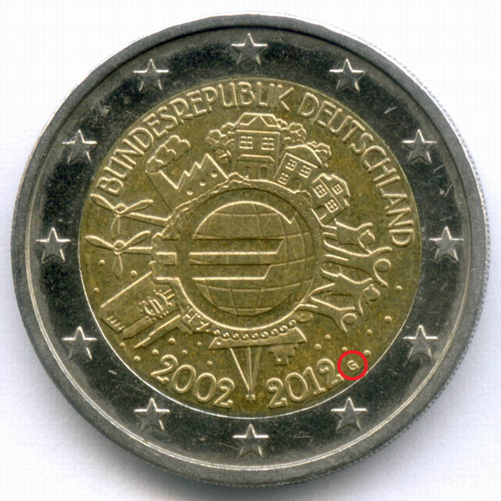 2 евро 2012 год (G). Германия. 10 лет наличному евро. Биметалл XF