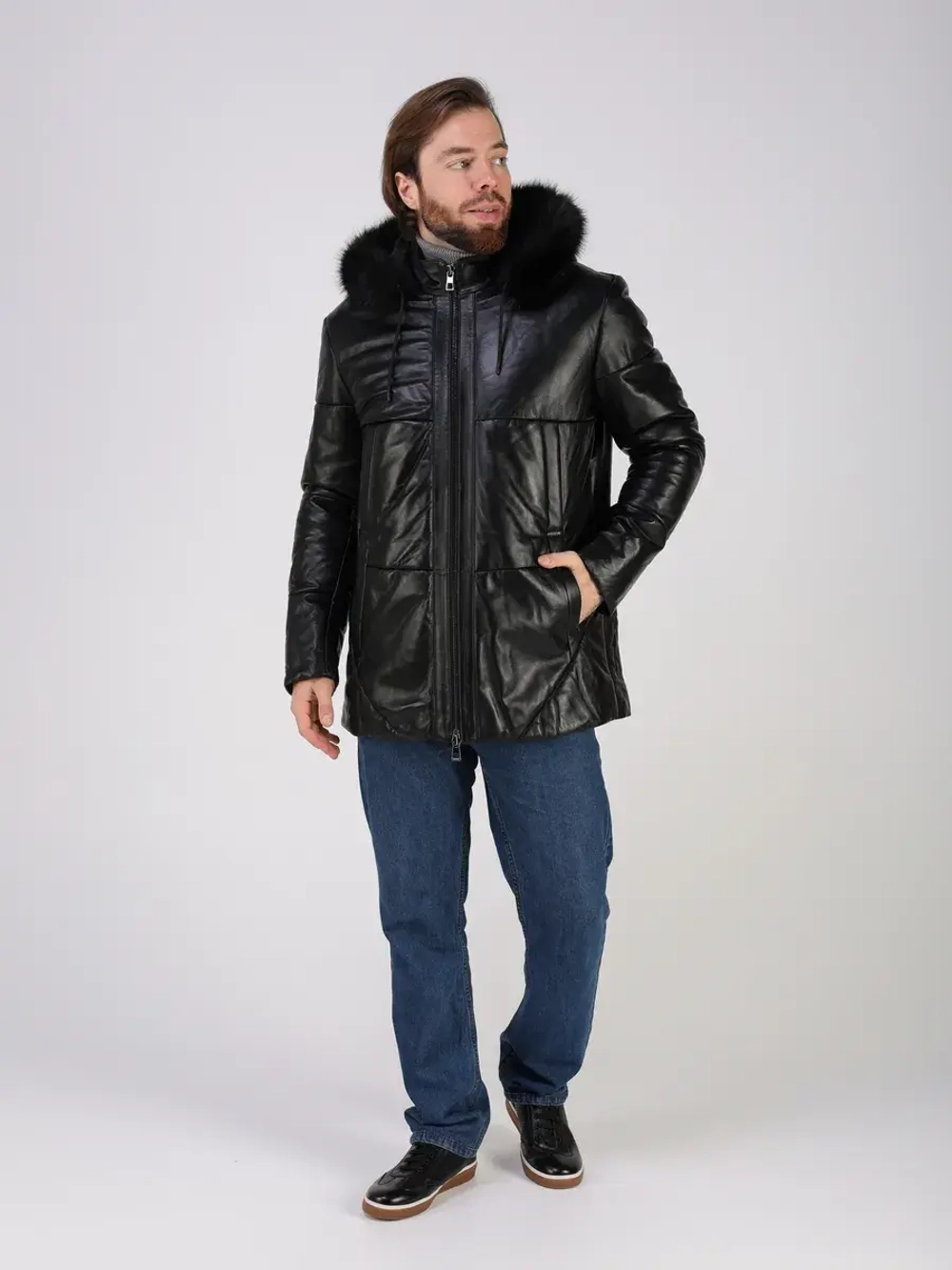 Куртка зимняя кожаная с капюшоном пуховик