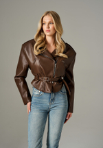 Куртка укороченная из экокожи, коричневый