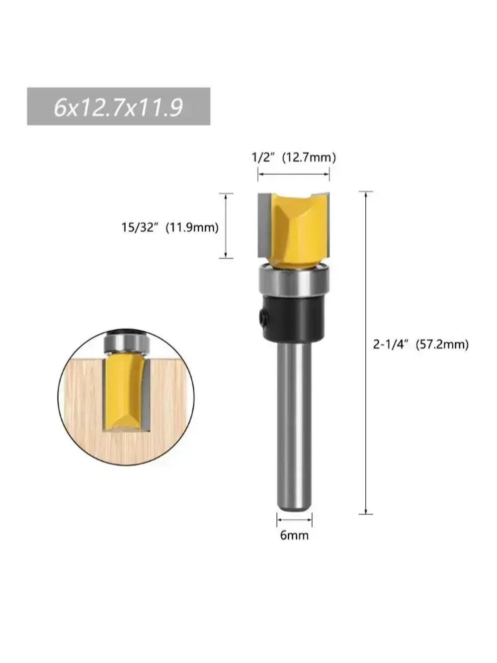 Фреза по дереву кромочная прямая для выборки заподлицо с верхним подшипником ,хвостовик 6 мм,3шт