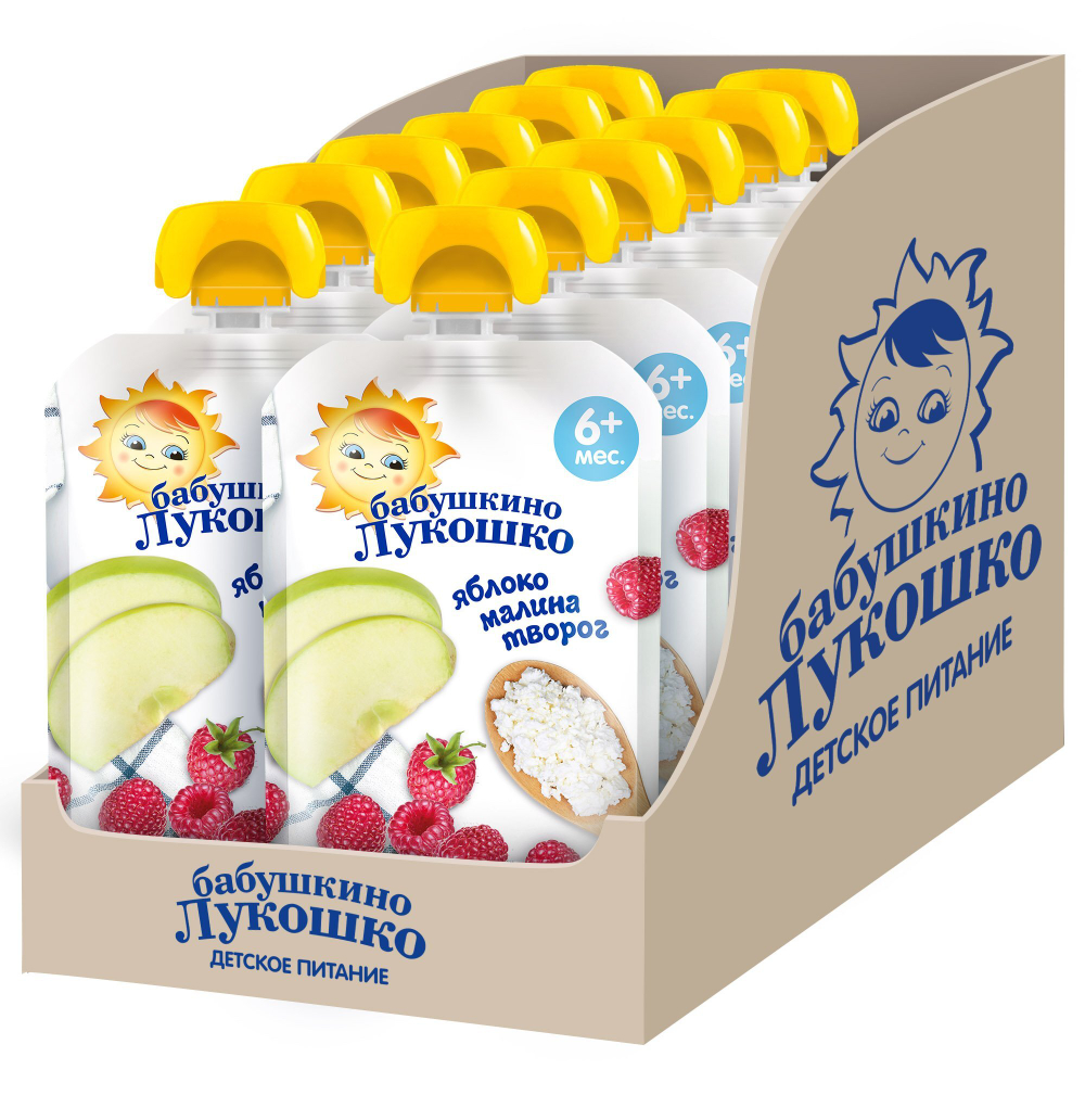 Пюре Бабушкино Лукошко Яблоко малина творог с 6 месяцев 90г