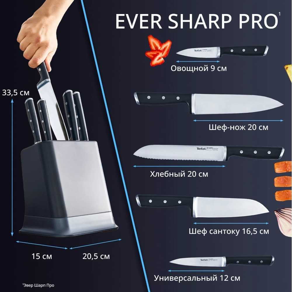 Набор ножей и блок Tefal Ever Sharp PRO K297S644 со встроенной точилкой, 5 ножей + блок