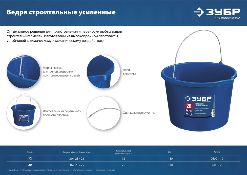 ЗУБР 20 л, первичный высокопрочный пластик, с носиком, усиленное строительное ведро, Профессионал (06091-20)