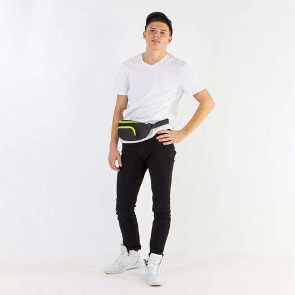 Сумка на пояс BRAUBERG RIO, черная, салатовые детали, 30х12x10 см, 270823