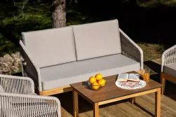 "Канны" диван 2-местный плетеный из роупа, основание дуб, роуп бежевый круглый, ткань бежевая 15052