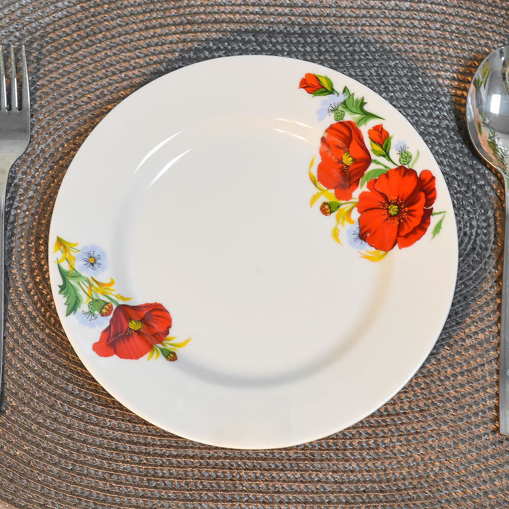 Тарелка 200мм мелкая форма Идиллия Маки красные