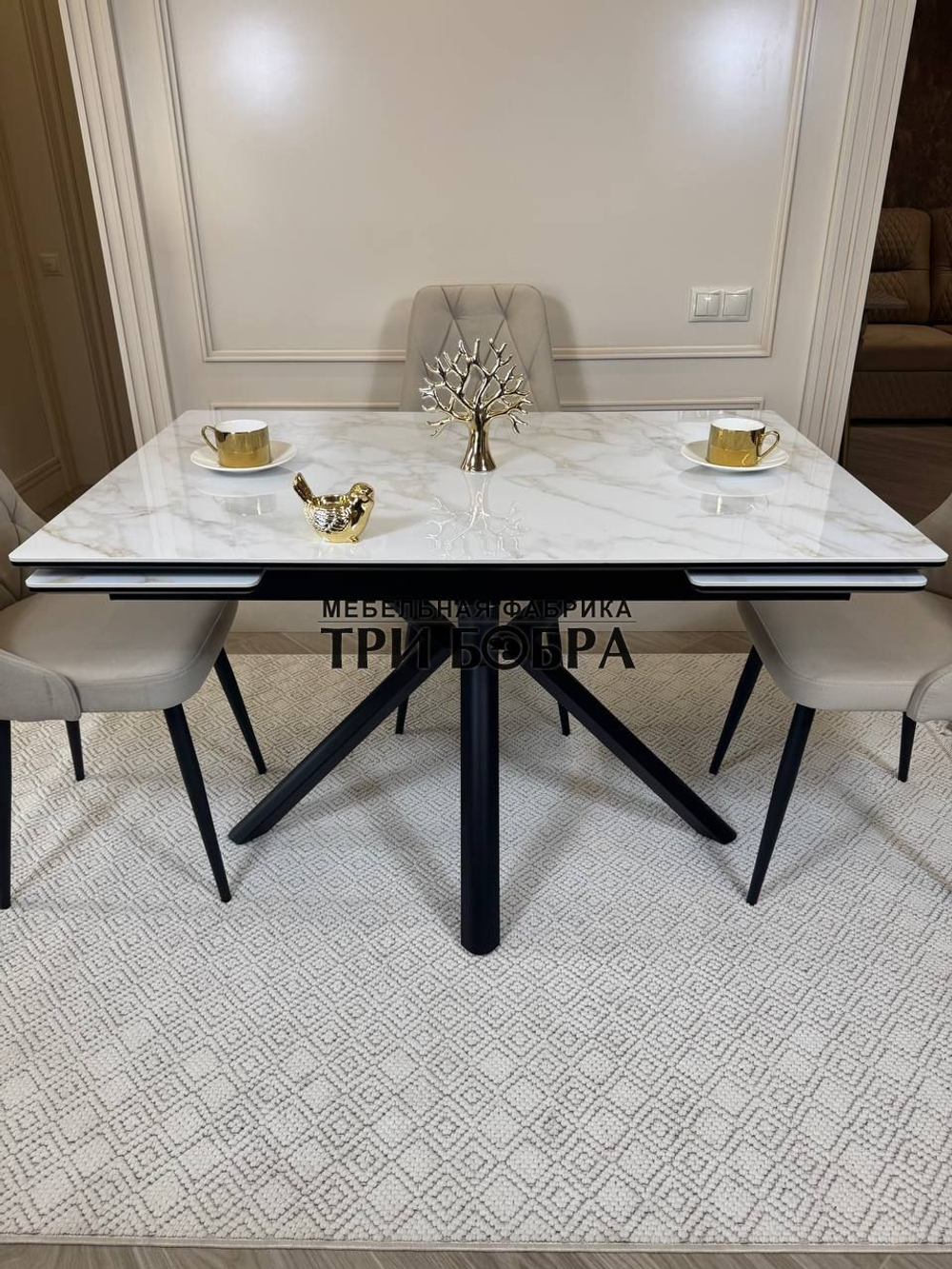 Кухонный раскладной стол "Монако" из керамогранита, белый мрамор и 4 стула ЛОНДОН