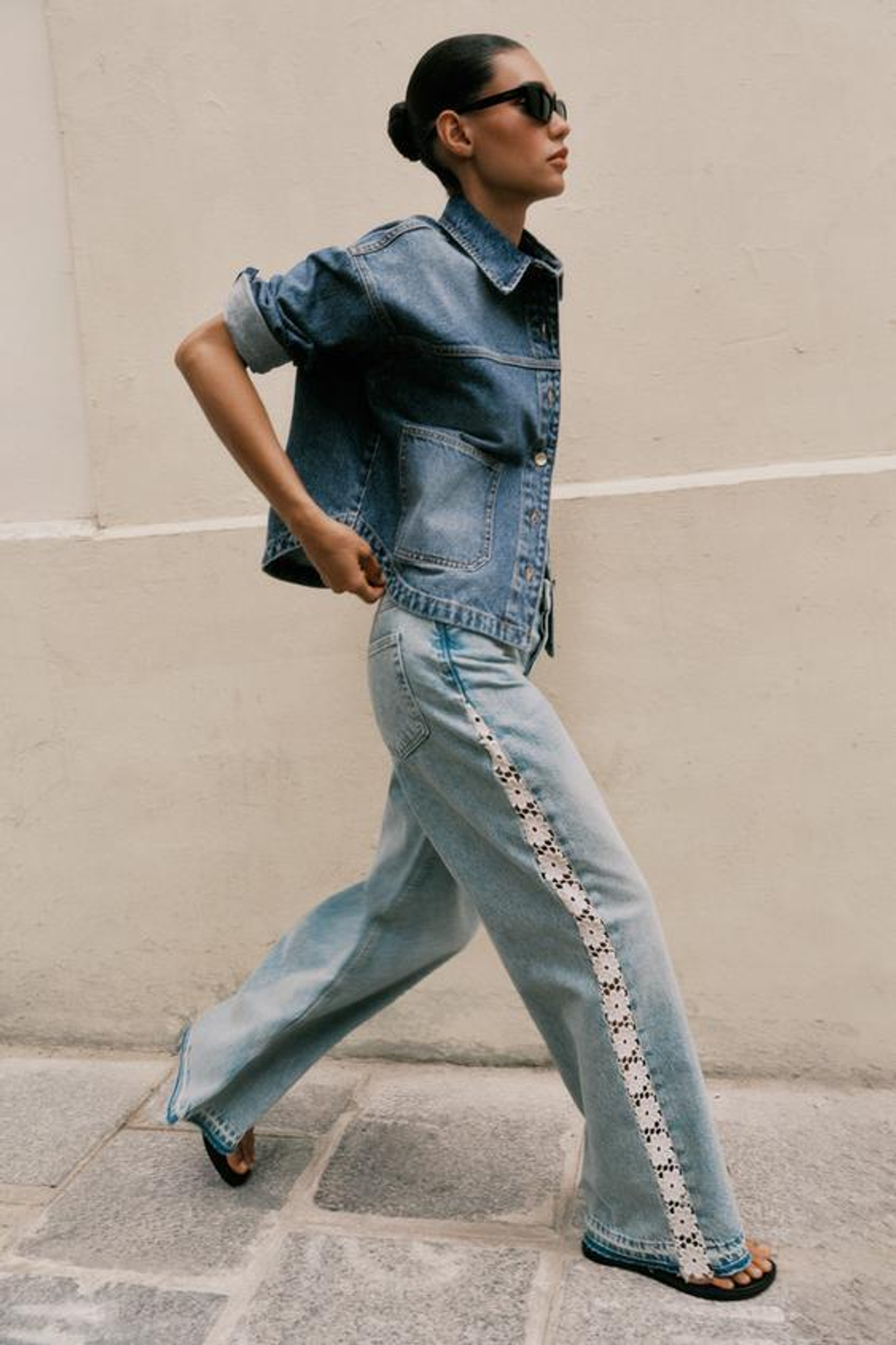 ZARA ДЖИНСЫ Z1975 WIDE LEG С ВЫСОКОЙ ПОСАДКОЙ И КОМБИНИРОВАННОЙ ВЯЗКОЙ КРЮЧКОМ, ВЫЦВЕТШИЙ СИНИЙ