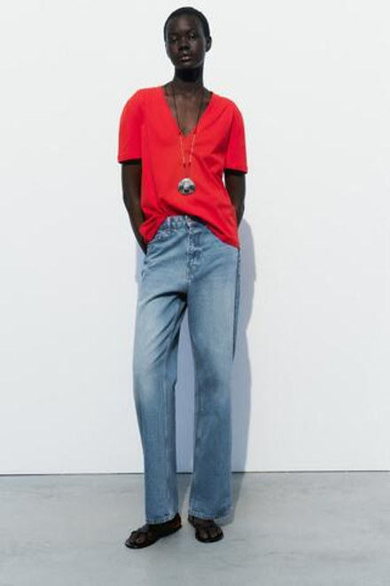 ZARA ФУТБОЛКА ИЗ ХЛОПКА С ЭНЗИМНОЙ ОБРАБОТКОЙ, КРАСНЫЙ