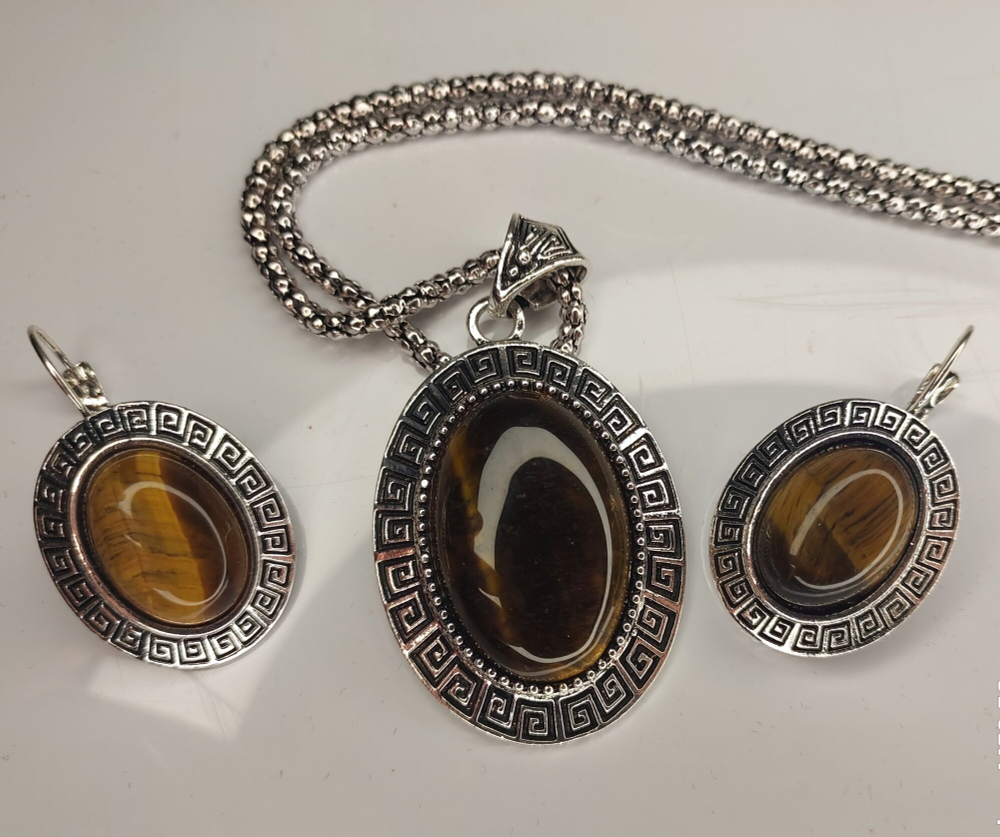 Комплект бижутерии "Тигровый глаз" - Овал (натуральный камень, бижутерный сплав)
