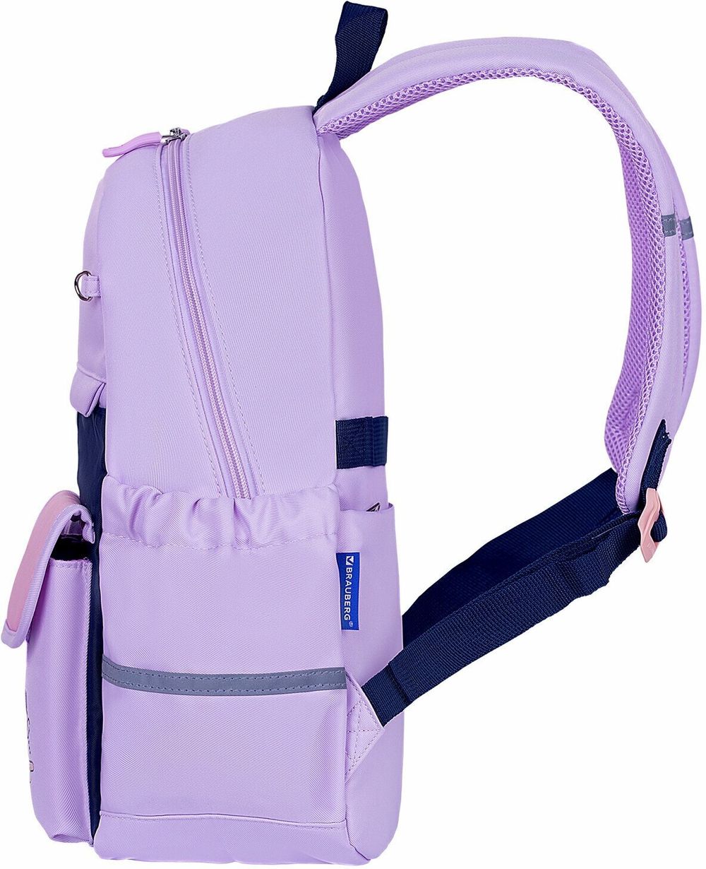 Рюкзак BRAUBERG PASTEL с термонашивками в комплекте, "Lazy cat", сиреневый, 40х29х14 см, 271422