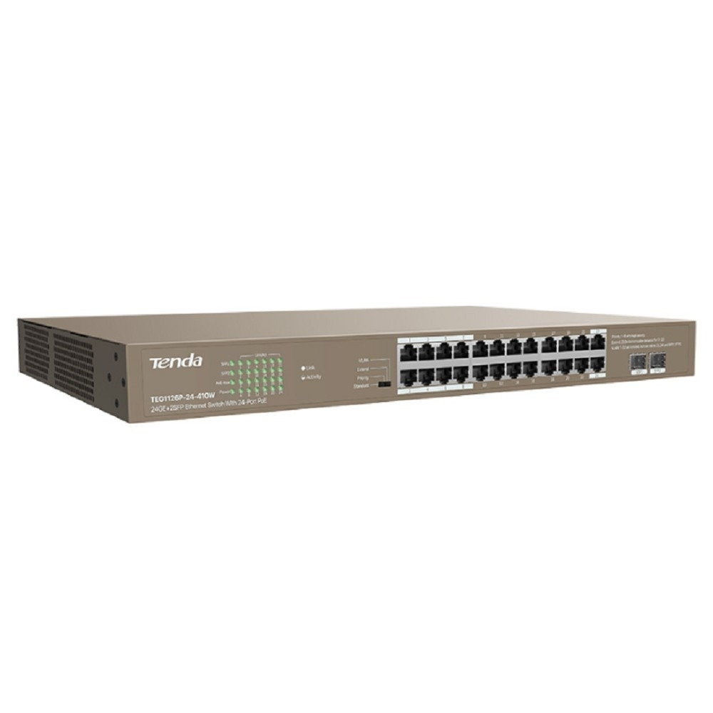 TENDA TEG1126P-24-410W Коммутатор в стойку 24-Ports 10/100/1000 Base-T + 2-Ports 1000 Base-X SFP 16-Ports PoE(PoE бюджет 370W)
