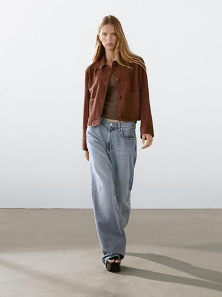 Massimo Dutti Укороченная замшевая куртка на кожаной подкладке с пуговицами, коричневый