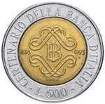 500 лир. 100 лет Банку Италии. Италия. 1993 год. XF-AU